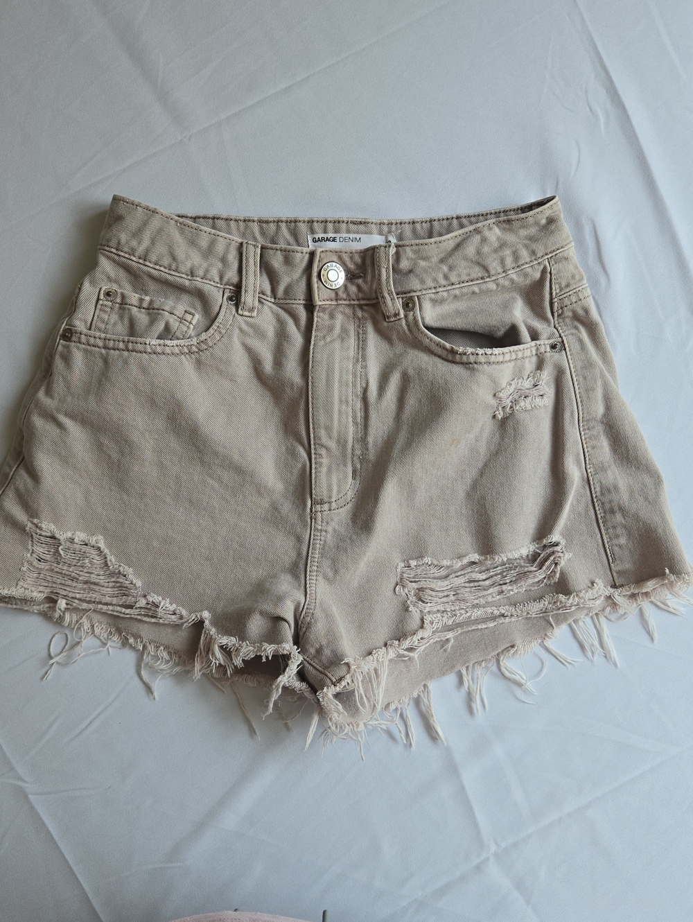 Garage Beige Distressed Denim Shorts